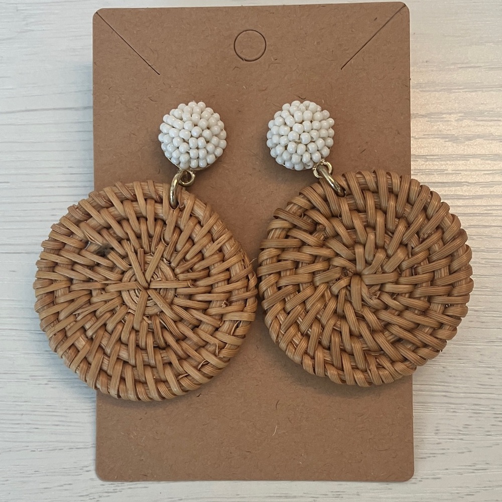 J. Crew Factory Rattan and White Bead Earrings